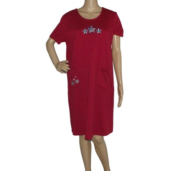 Bonnie Evans Dress Large red knit pullover casual shift pockets Patriotic Flag - Picture 1 of 11